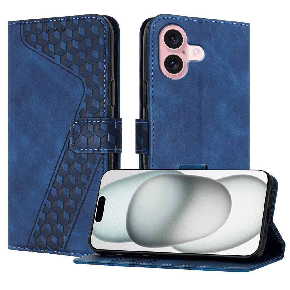 For iPhone 16 Leather Case 7-Shaped Pattern Wallet Stand Shockproof Phone Cover - Blue
