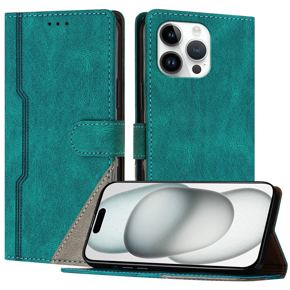 For iPhone 15 Pro Max Leather Case Triangle Patchwork Wallet Stand Shockproof Phone Cover - Green