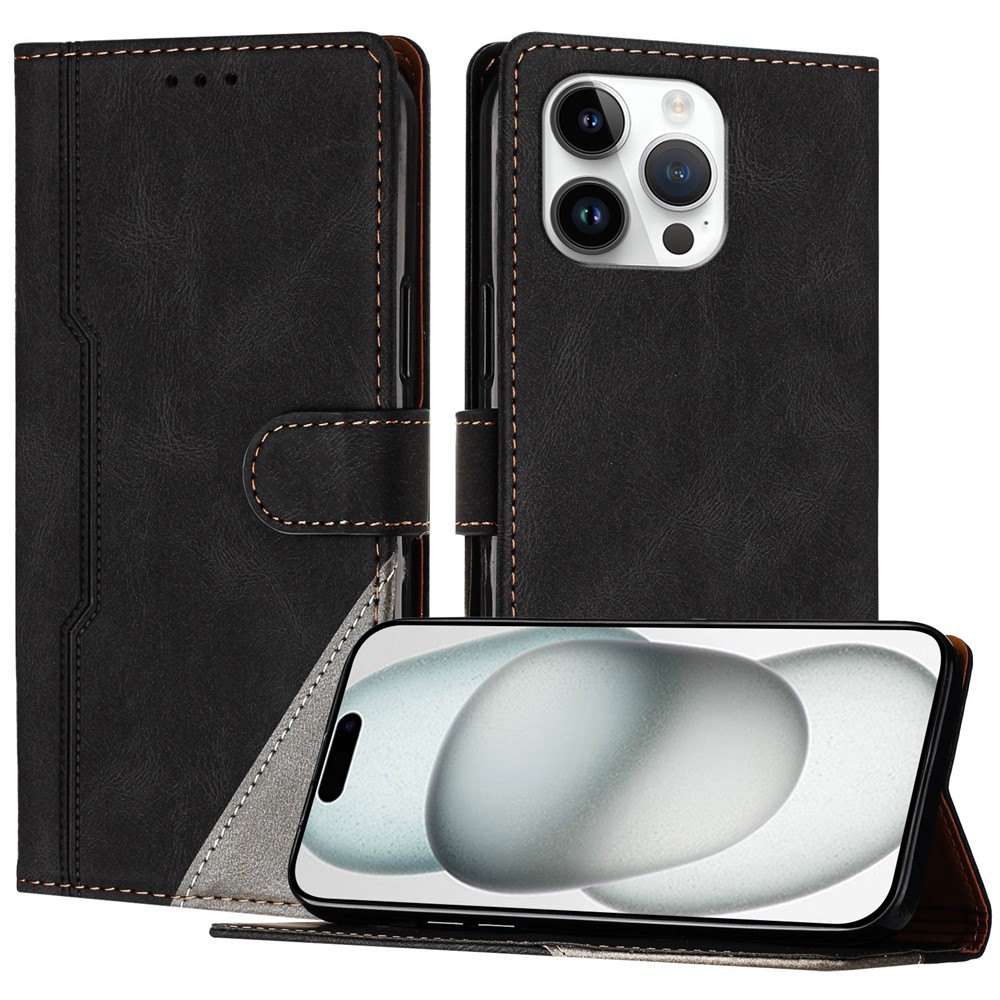 For iPhone 15 Pro Max Leather Case Triangle Patchwork Wallet Stand Shockproof Phone Cover - Black