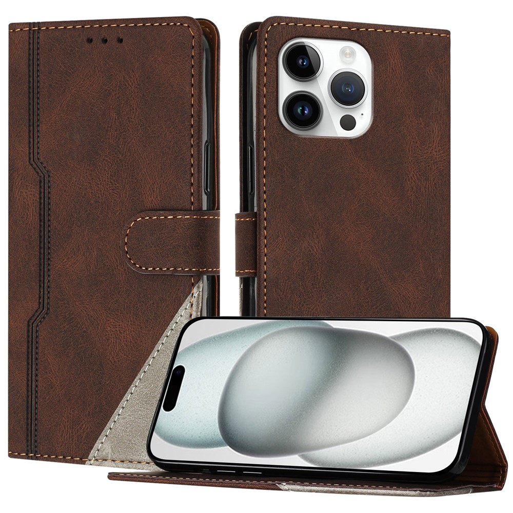 For iPhone 15 Pro Max Leather Case Triangle Patchwork Wallet Stand Shockproof Phone Cover - Brown