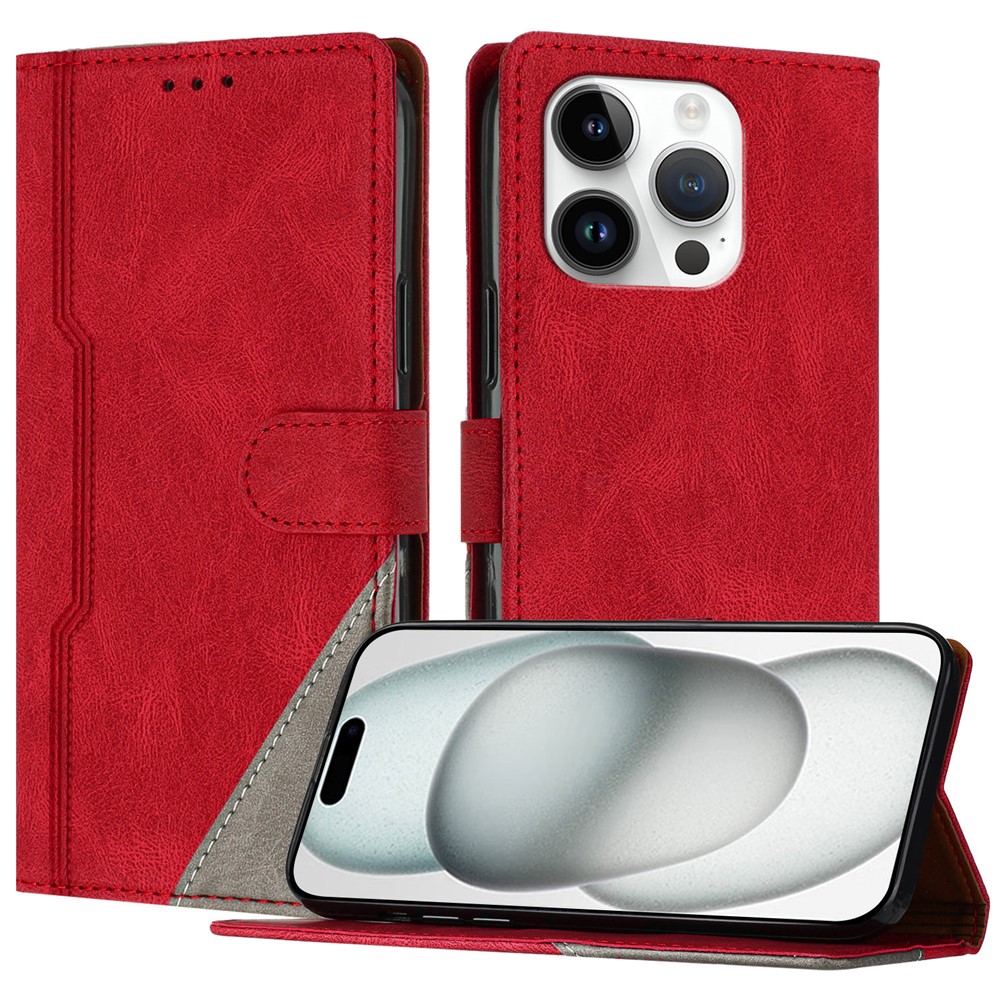 For iPhone 15 Pro Leather Case Triangle Patchwork Wallet Stand Shockproof Phone Cover - Red
