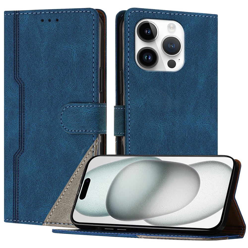 For iPhone 15 Pro Leather Case Triangle Patchwork Wallet Stand Shockproof Phone Cover - Blue