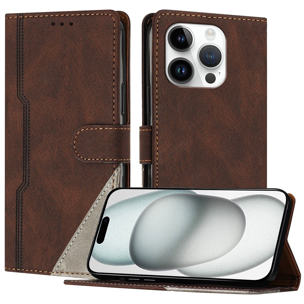 For iPhone 15 Pro Leather Case Triangle Patchwork Wallet Stand Shockproof Phone Cover - Brown