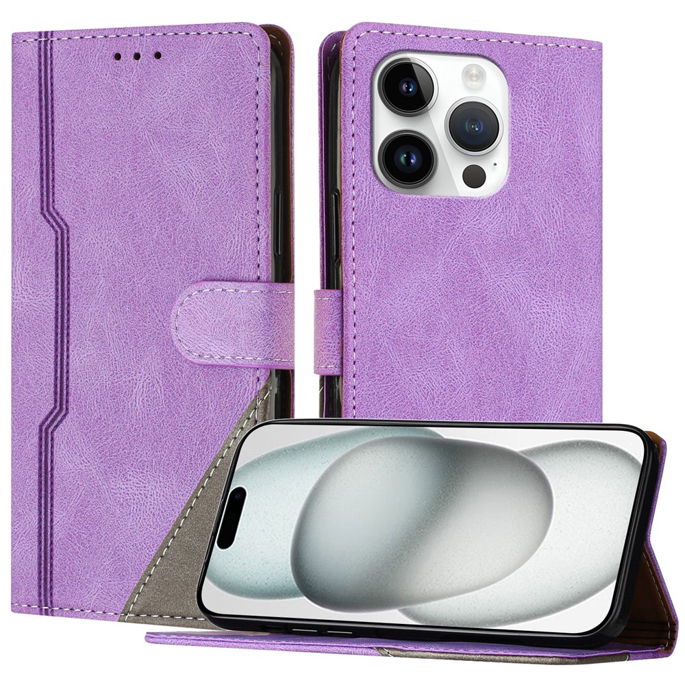 For iPhone 15 Pro Leather Case Triangle Patchwork Wallet Stand Shockproof Phone Cover - Purple