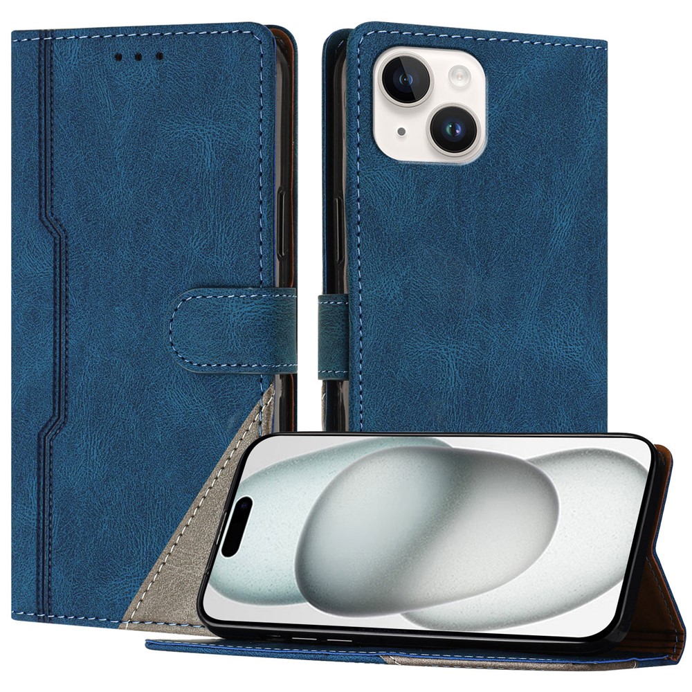 For iPhone 15 Leather Case Triangle Patchwork Wallet Stand Shockproof Phone Cover - Blue