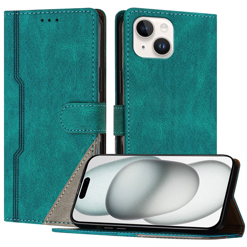 For iPhone 15 Leather Case Triangle Patchwork Wallet Stand Shockproof Phone Cover - Green