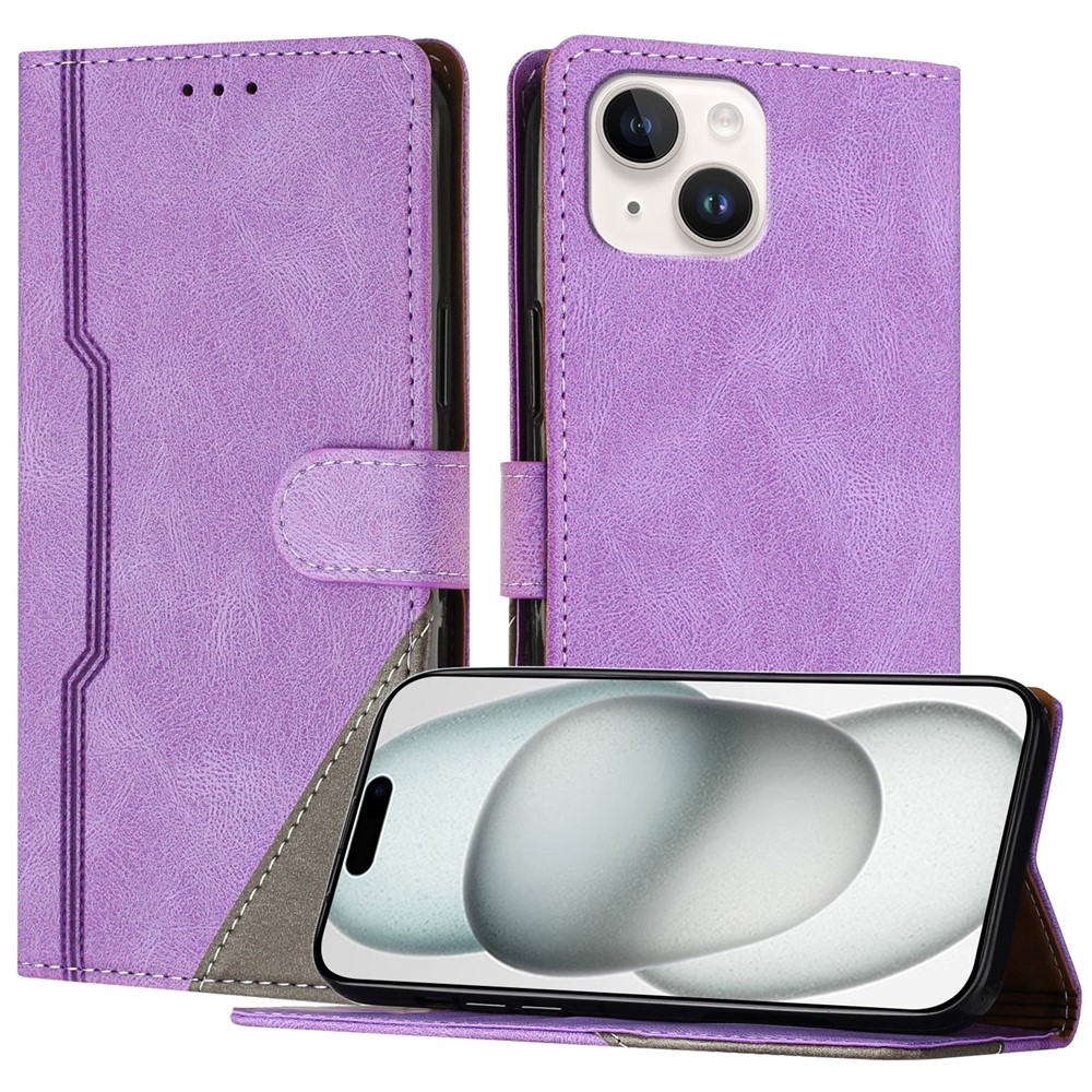 For iPhone 15 Leather Case Triangle Patchwork Wallet Stand Shockproof Phone Cover - Purple