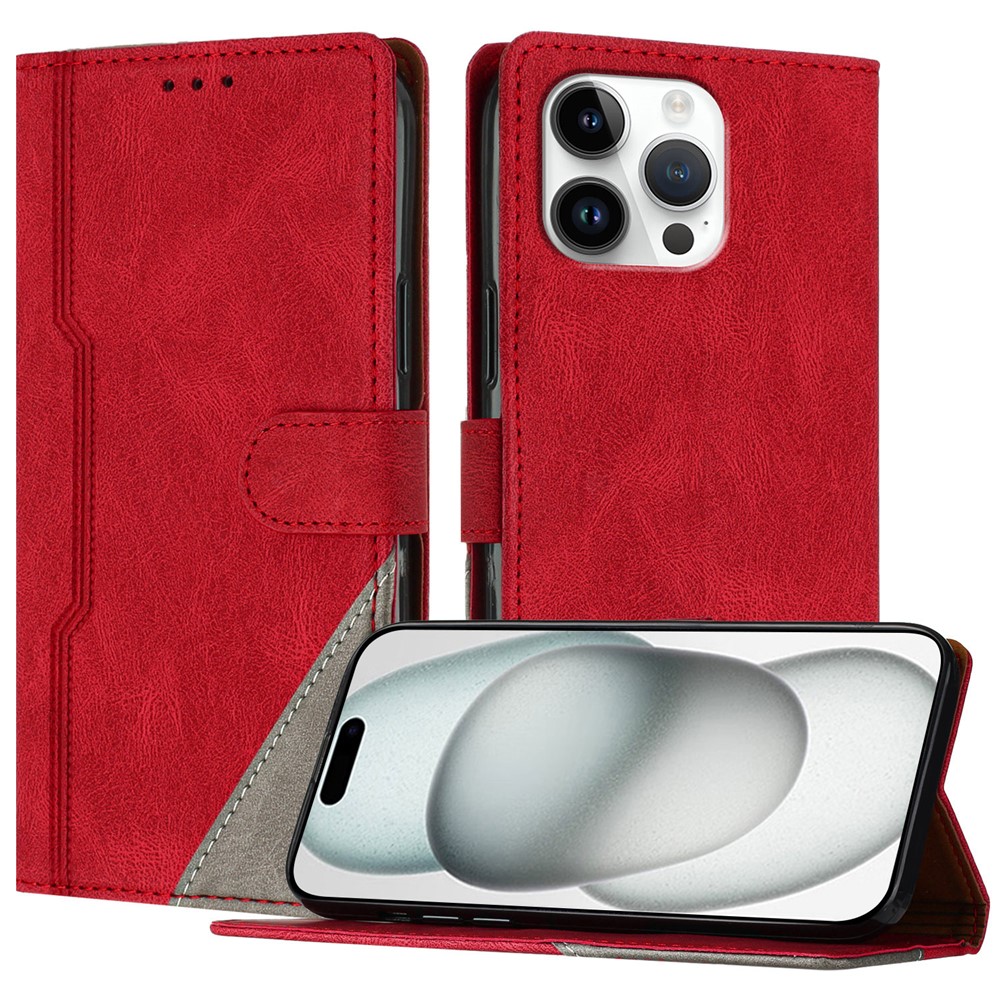 For iPhone 16 Pro Max Leather Case Triangle Patchwork Wallet Stand Shockproof Phone Cover - Red