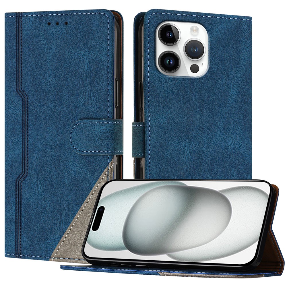 For iPhone 16 Pro Max Leather Case Triangle Patchwork Wallet Stand Shockproof Phone Cover - Blue