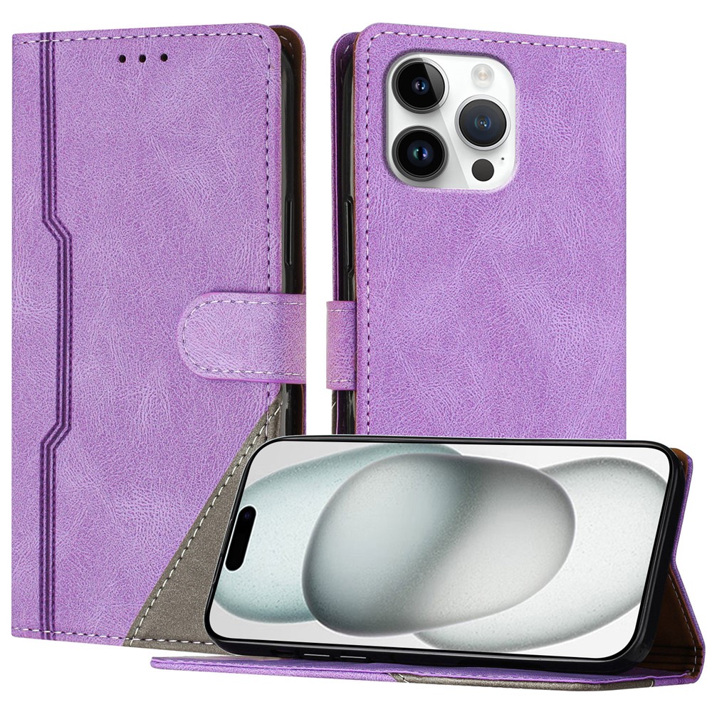 For iPhone 16 Pro Max Leather Case Triangle Patchwork Wallet Stand Shockproof Phone Cover - Purple