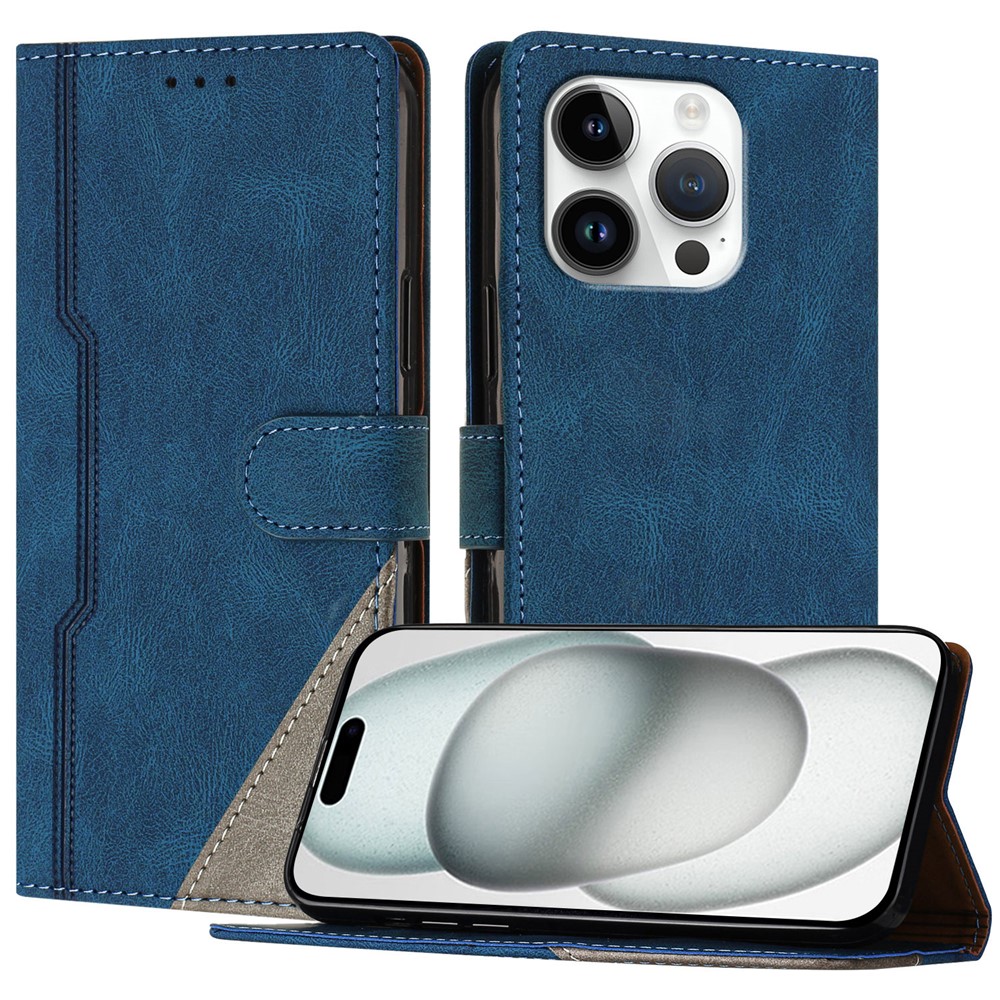 For iPhone 16 Pro Leather Case Triangle Patchwork Wallet Stand Shockproof Phone Cover - Blue