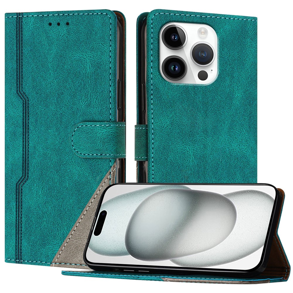 For iPhone 16 Pro Leather Case Triangle Patchwork Wallet Stand Shockproof Phone Cover - Green