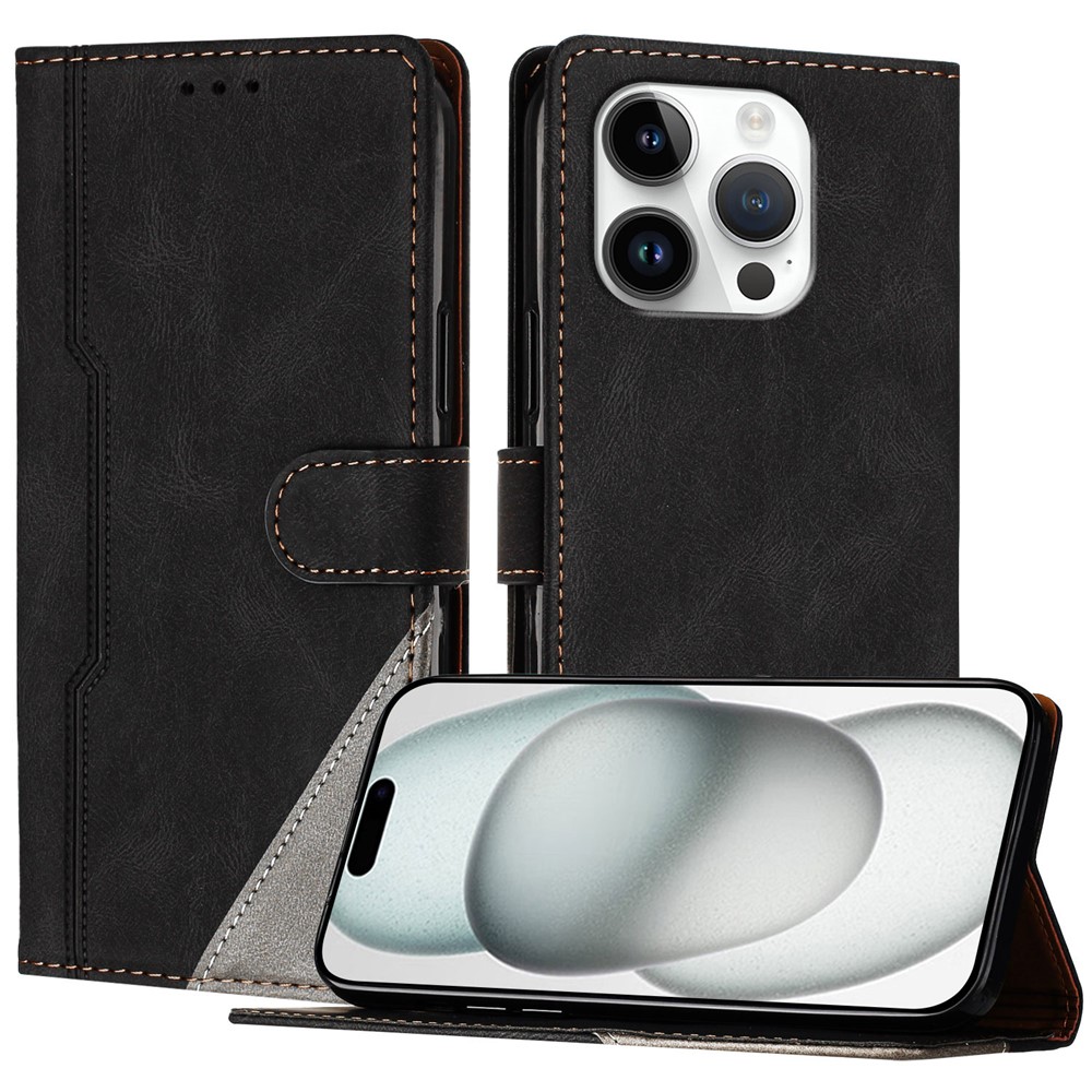 For iPhone 16 Pro Leather Case Triangle Patchwork Wallet Stand Shockproof Phone Cover - Black