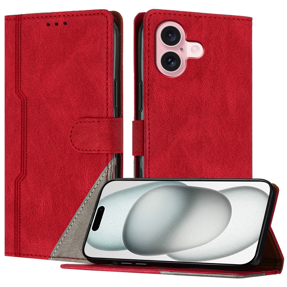 For iPhone 16 Leather Case Triangle Patchwork Wallet Stand Shockproof Phone Cover - Red