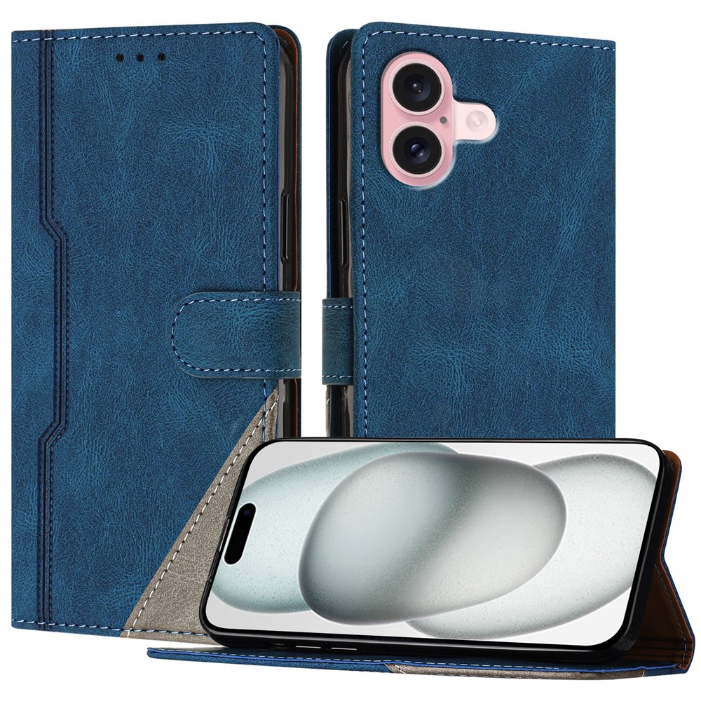 For iPhone 16 Leather Case Triangle Patchwork Wallet Stand Shockproof Phone Cover - Blue