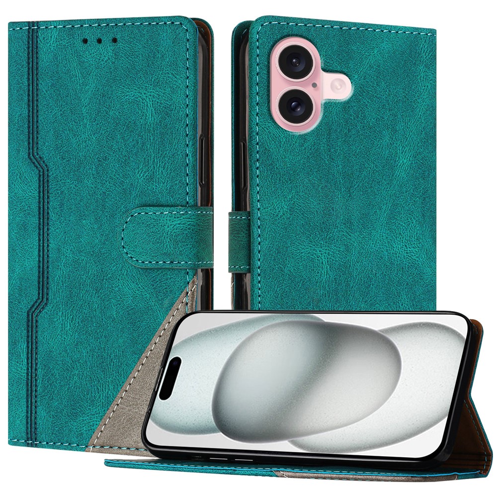 For iPhone 16 Leather Case Triangle Patchwork Wallet Stand Shockproof Phone Cover - Green