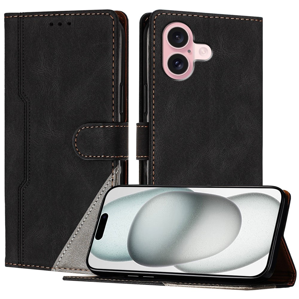 For iPhone 16 Leather Case Triangle Patchwork Wallet Stand Shockproof Phone Cover - Black