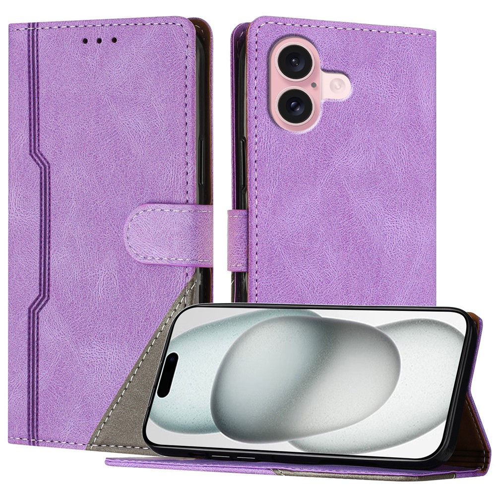 For iPhone 16 Leather Case Triangle Patchwork Wallet Stand Shockproof Phone Cover - Purple