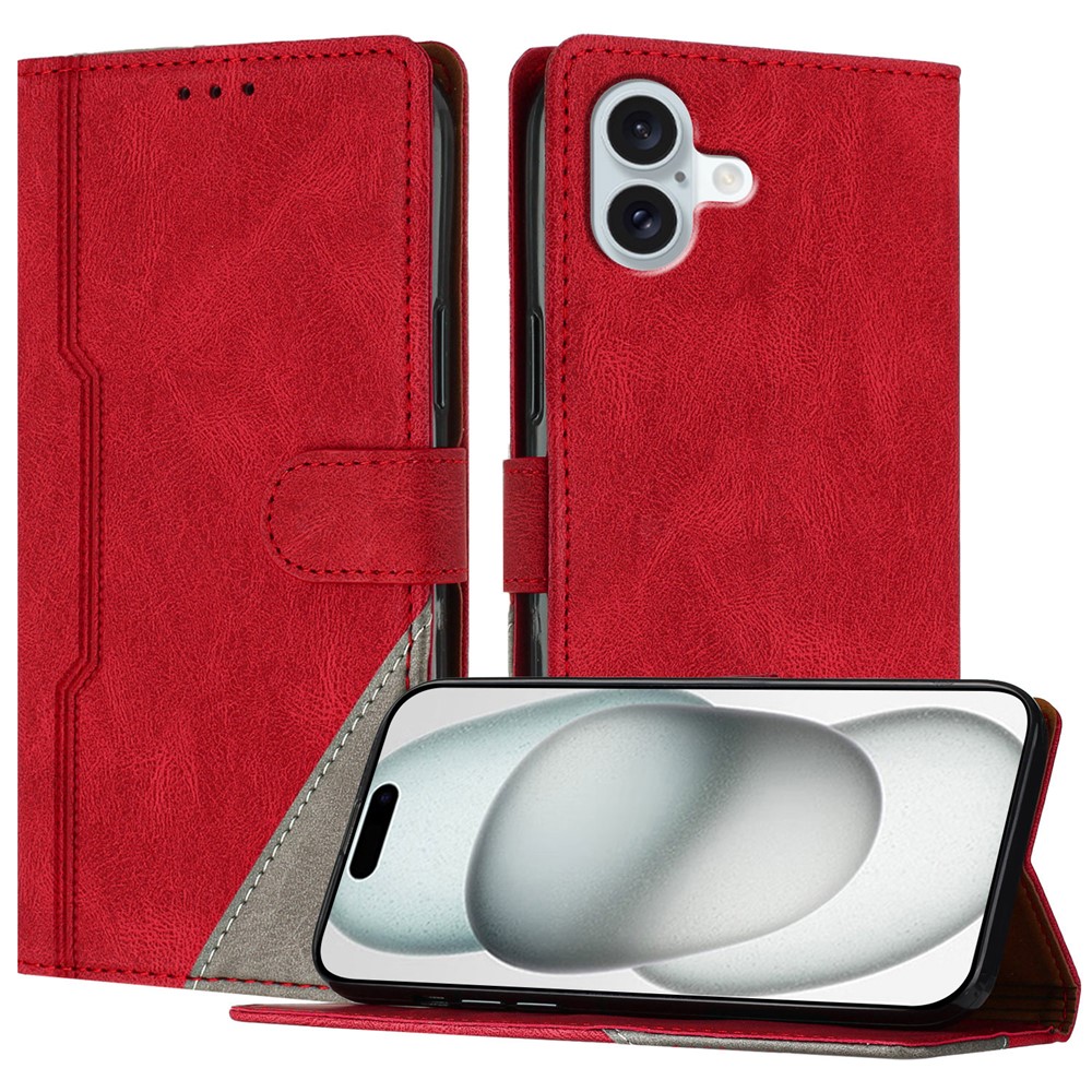 For iPhone 16 Plus Leather Case Triangle Patchwork Wallet Stand Shockproof Phone Cover - Red