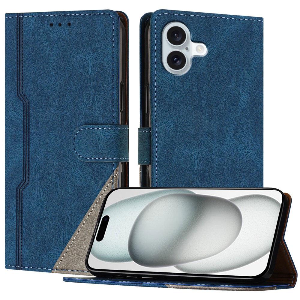 For iPhone 16 Plus Leather Case Triangle Patchwork Wallet Stand Shockproof Phone Cover - Blue