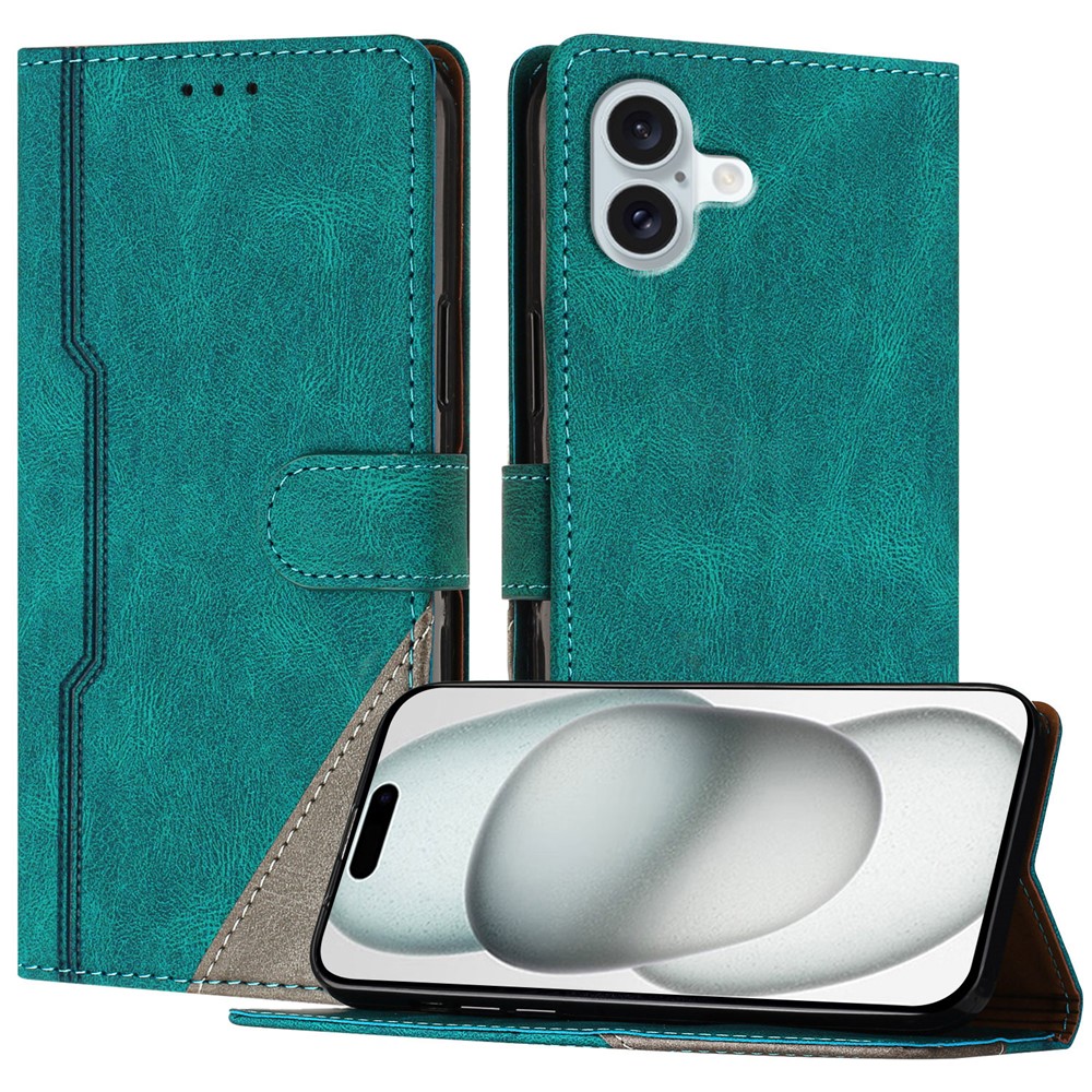 For iPhone 16 Plus Leather Case Triangle Patchwork Wallet Stand Shockproof Phone Cover - Green