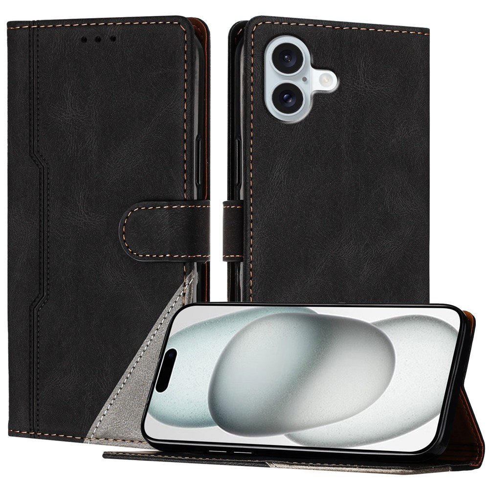 For iPhone 16 Plus Leather Case Triangle Patchwork Wallet Stand Shockproof Phone Cover - Black