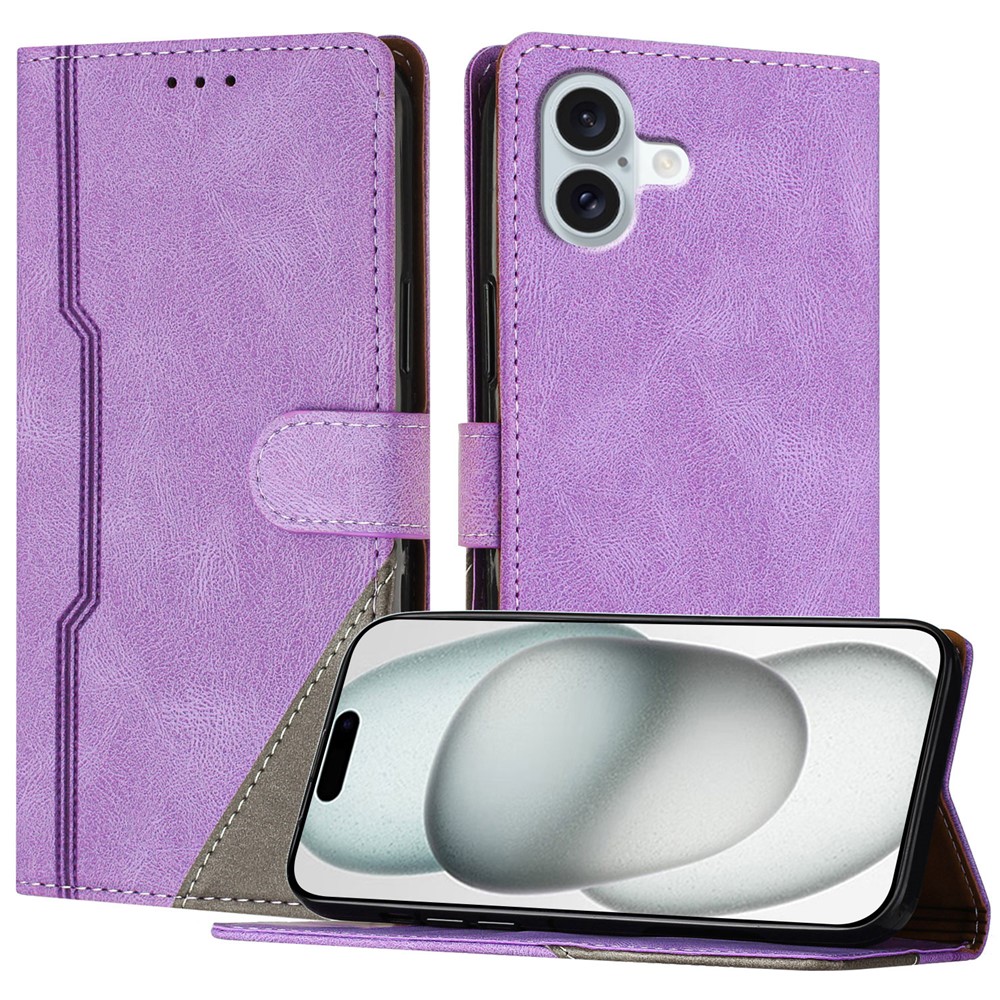 For iPhone 16 Plus Leather Case Triangle Patchwork Wallet Stand Shockproof Phone Cover - Purple