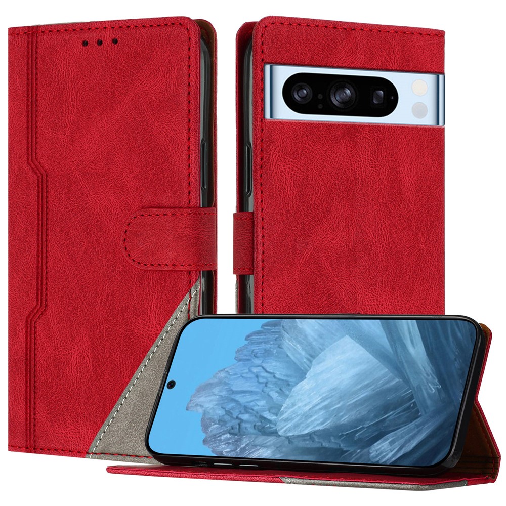For Google Pixel 8 Pro Leather Case Triangle Patchwork Wallet Stand Shockproof Phone Cover - Red