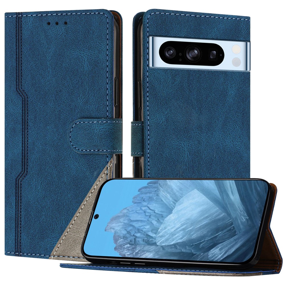 For Google Pixel 8 Pro Leather Case Triangle Patchwork Wallet Stand Shockproof Phone Cover - Blue