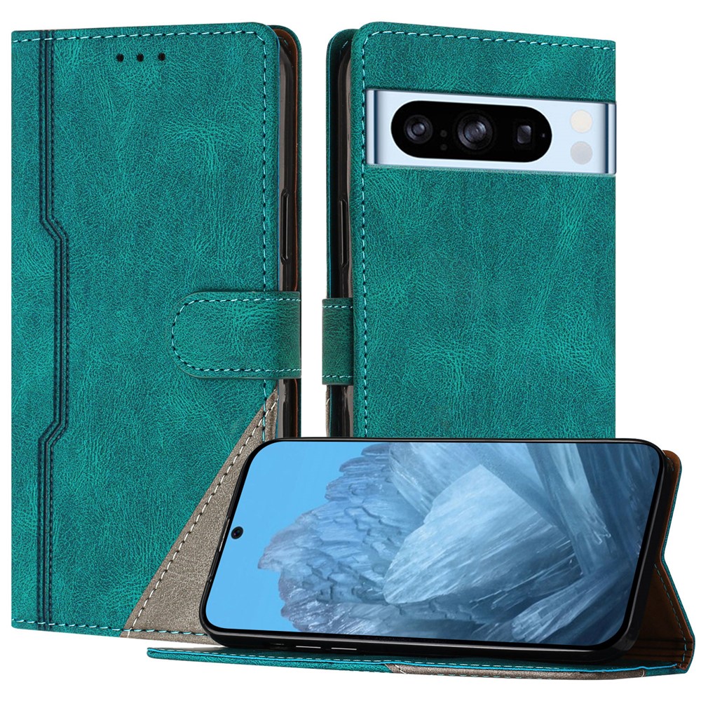 For Google Pixel 8 Pro Leather Case Triangle Patchwork Wallet Stand Shockproof Phone Cover - Green