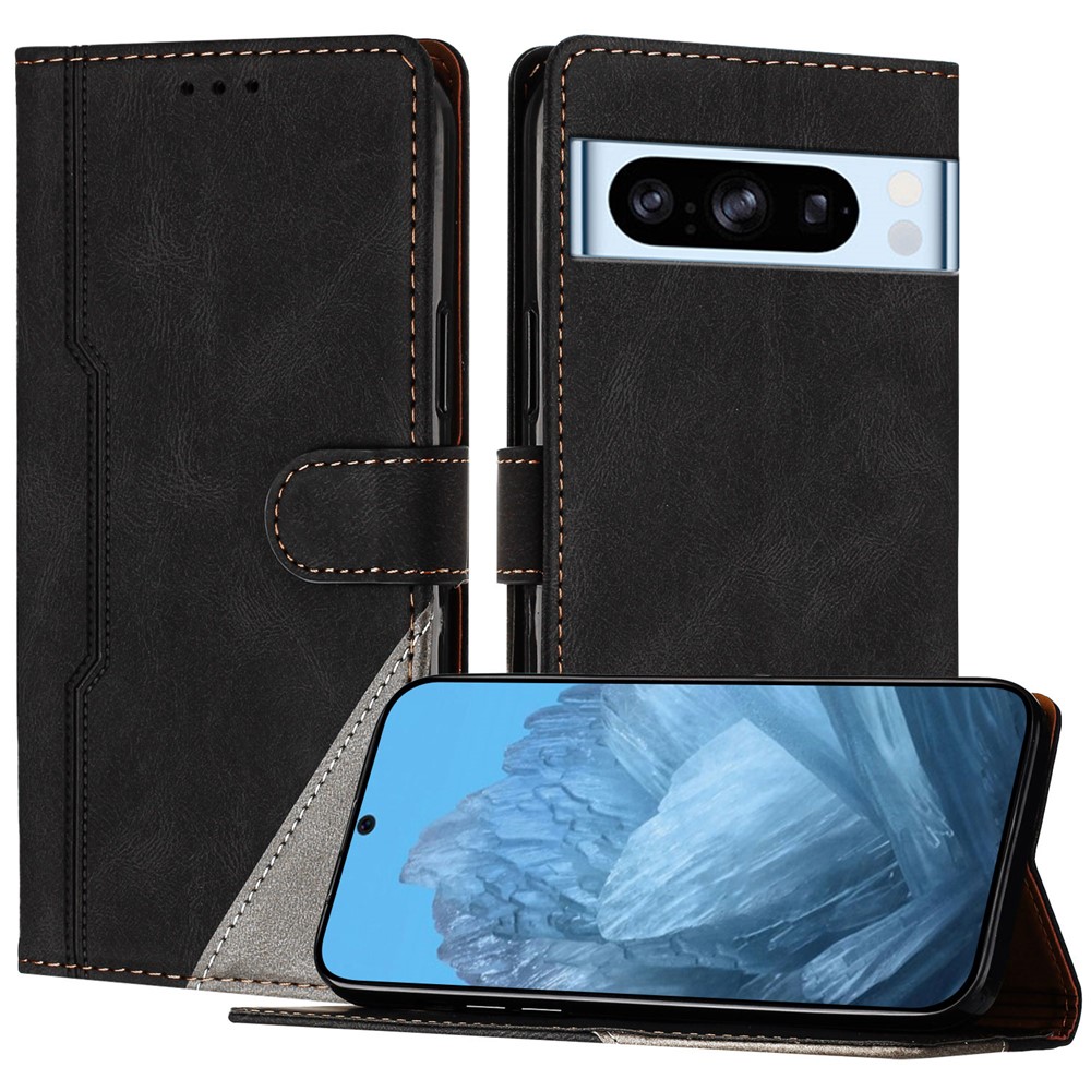 For Google Pixel 8 Pro Leather Case Triangle Patchwork Wallet Stand Shockproof Phone Cover - Black