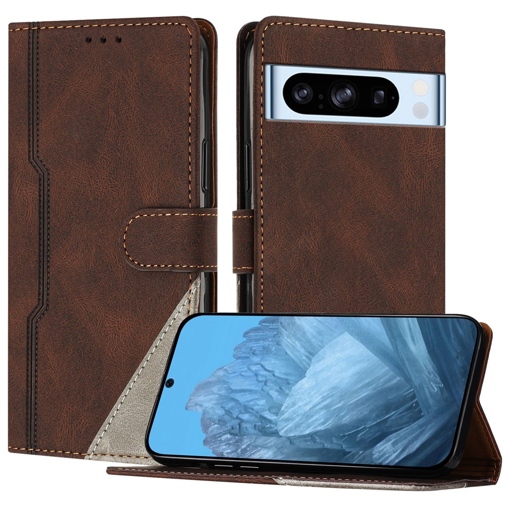 For Google Pixel 8 Pro Leather Case Triangle Patchwork Wallet Stand Shockproof Phone Cover - Brown