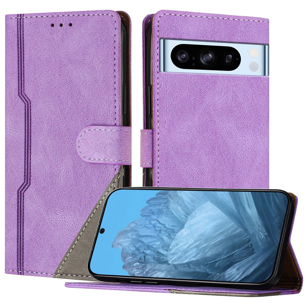 For Google Pixel 8 Pro Leather Case Triangle Patchwork Wallet Stand Shockproof Phone Cover - Purple