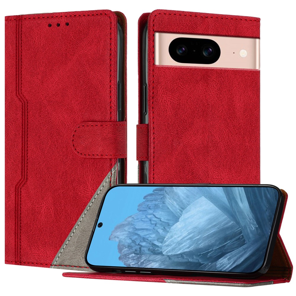 For Google Pixel 8a Leather Case Triangle Patchwork Wallet Stand Shockproof Phone Cover - Red