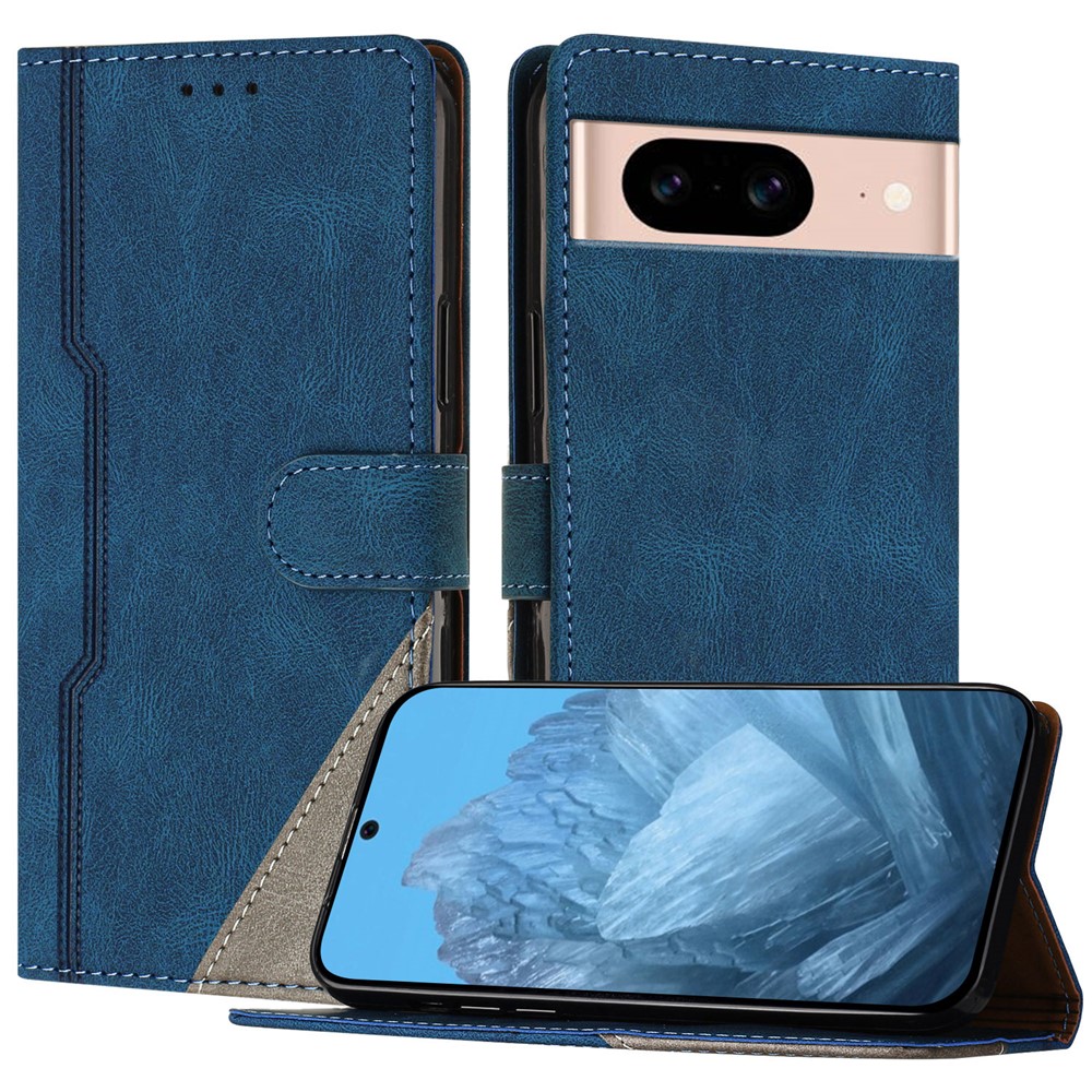 For Google Pixel 8a Leather Case Triangle Patchwork Wallet Stand Shockproof Phone Cover - Blue