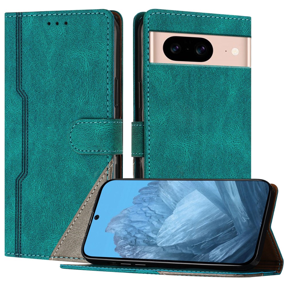 For Google Pixel 8a Leather Case Triangle Patchwork Wallet Stand Shockproof Phone Cover - Green