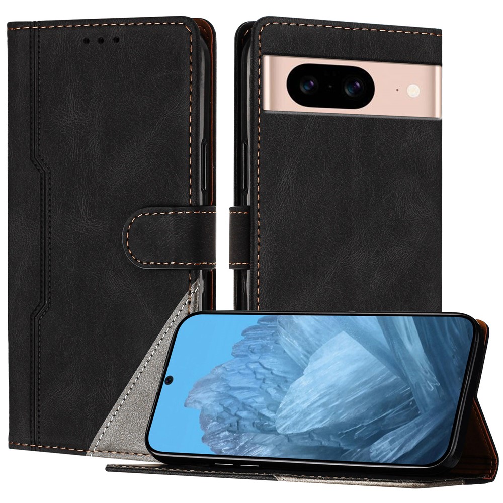 For Google Pixel 8a Leather Case Triangle Patchwork Wallet Stand Shockproof Phone Cover - Black