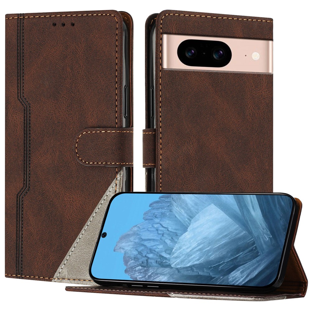 For Google Pixel 8a Leather Case Triangle Patchwork Wallet Stand Shockproof Phone Cover - Brown