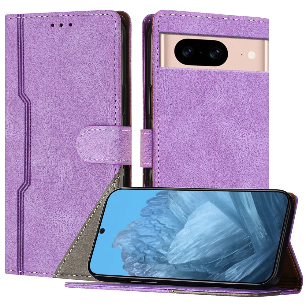 For Google Pixel 8a Leather Case Triangle Patchwork Wallet Stand Shockproof Phone Cover - Purple