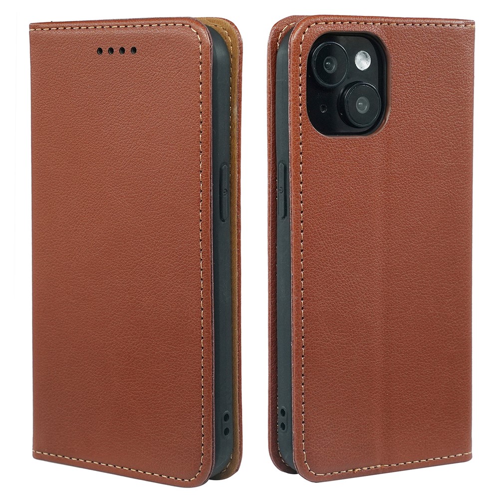 For iPhone 15 Case Wallet RFID Blocking Leather Phone Cover Strong Magnetic Closure - Brown