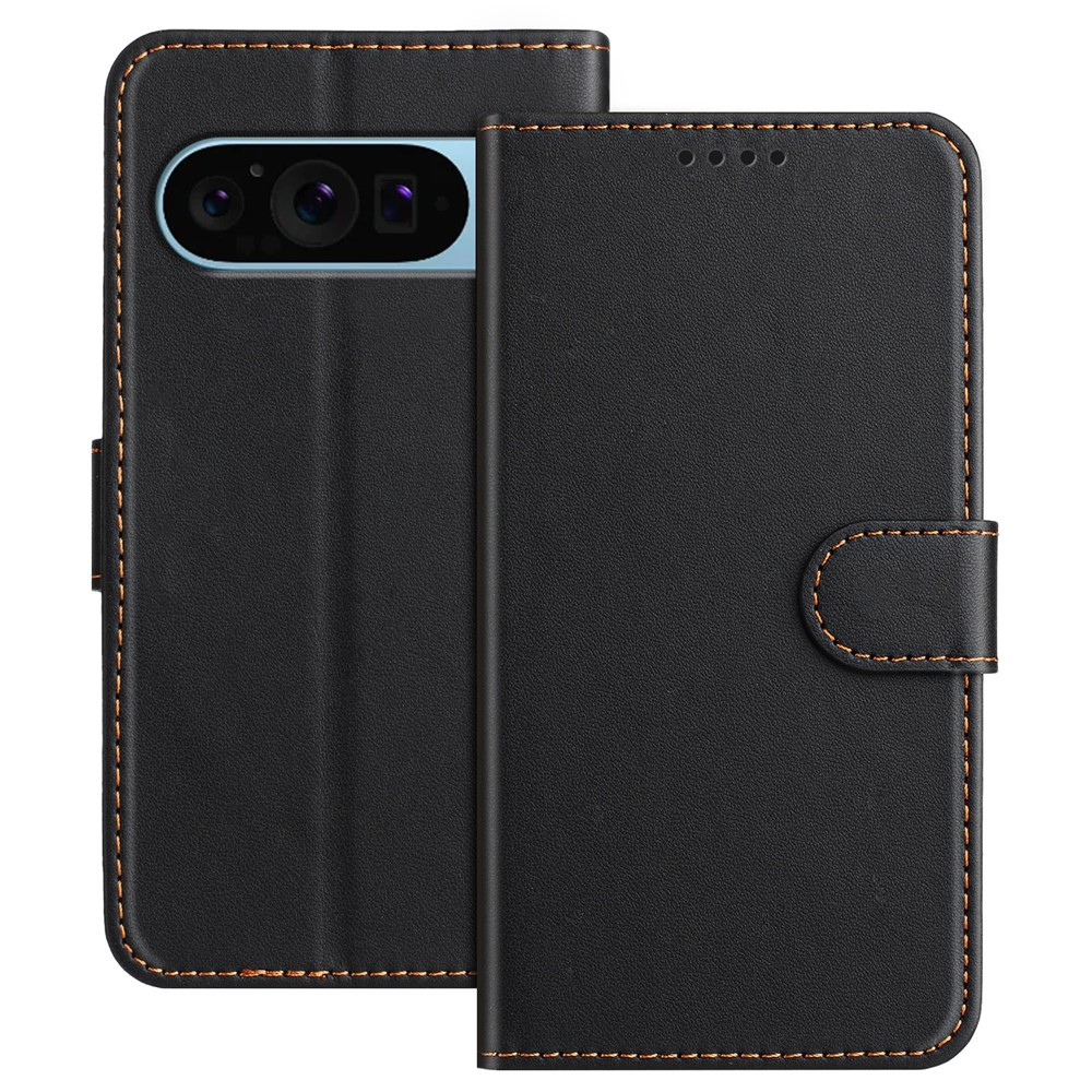 For Google Pixel 9 Leather Case Wallet Stand Solid Color Anti Drop Phone Cover - Black