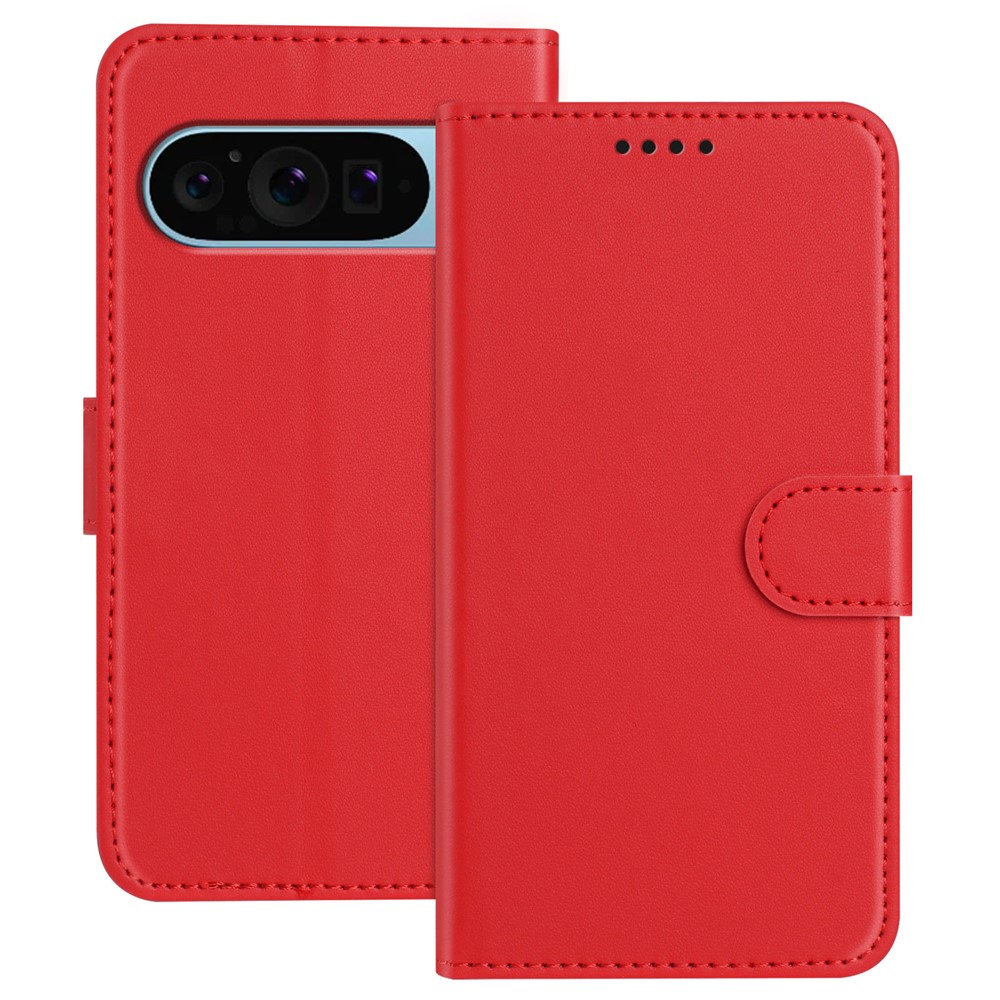 For Google Pixel 9 Leather Case Wallet Stand Solid Color Anti Drop Phone Cover - Red