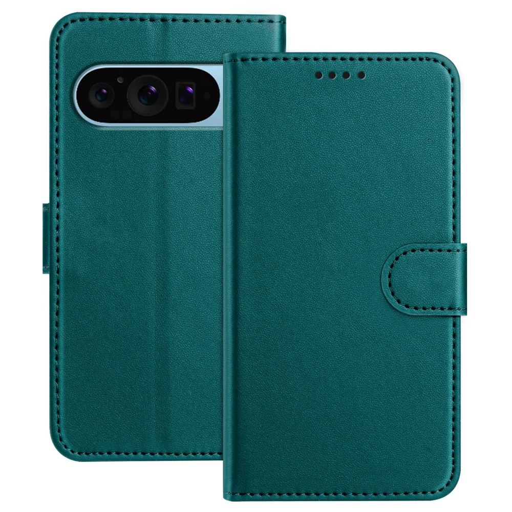 For Google Pixel 9 Leather Case Wallet Stand Solid Color Anti Drop Phone Cover - Green