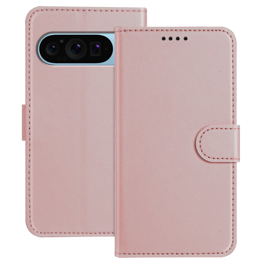 For Google Pixel 9 Leather Case Wallet Stand Solid Color Anti Drop Phone Cover - Rose Gold