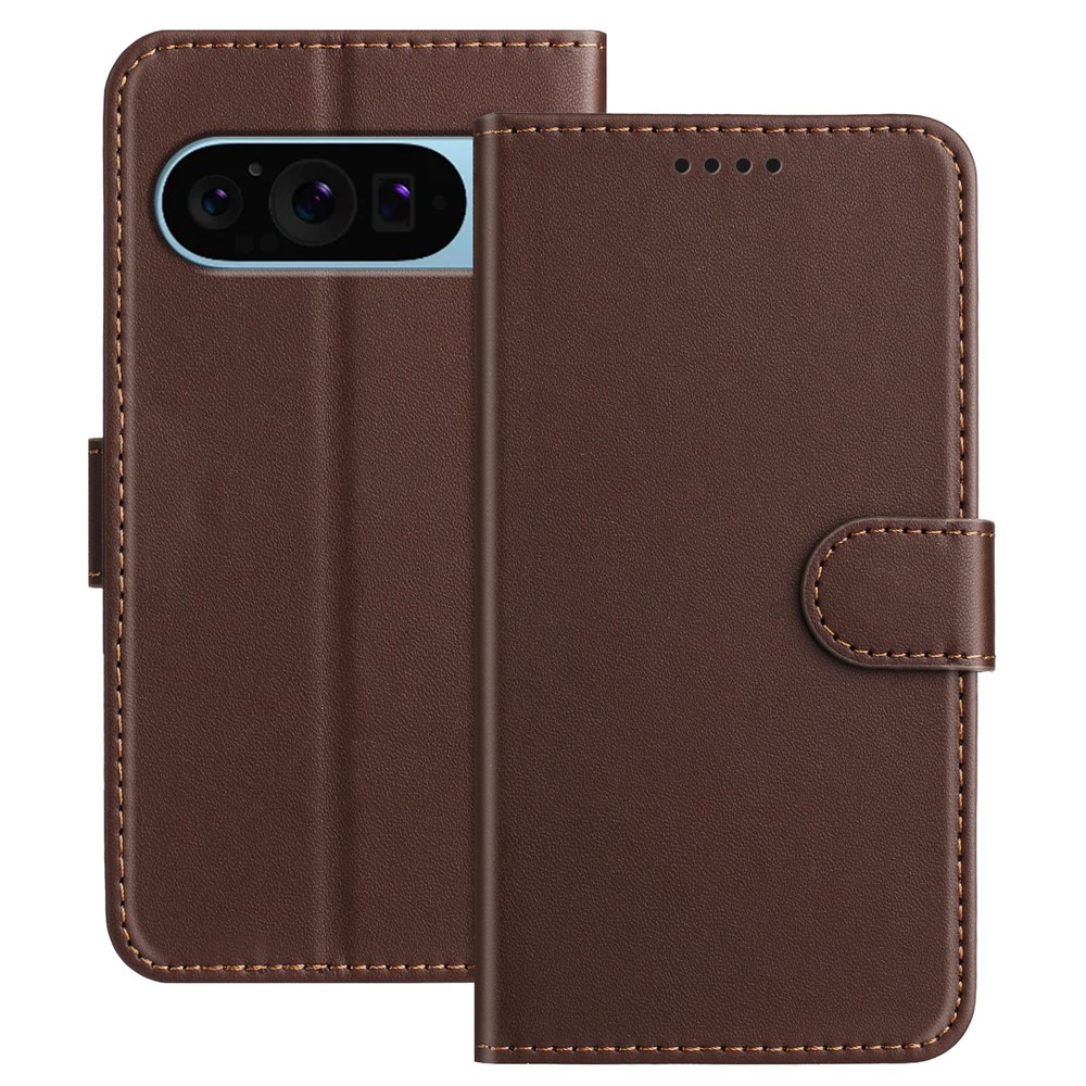For Google Pixel 9 Leather Case Wallet Stand Solid Color Anti Drop Phone Cover - Brown