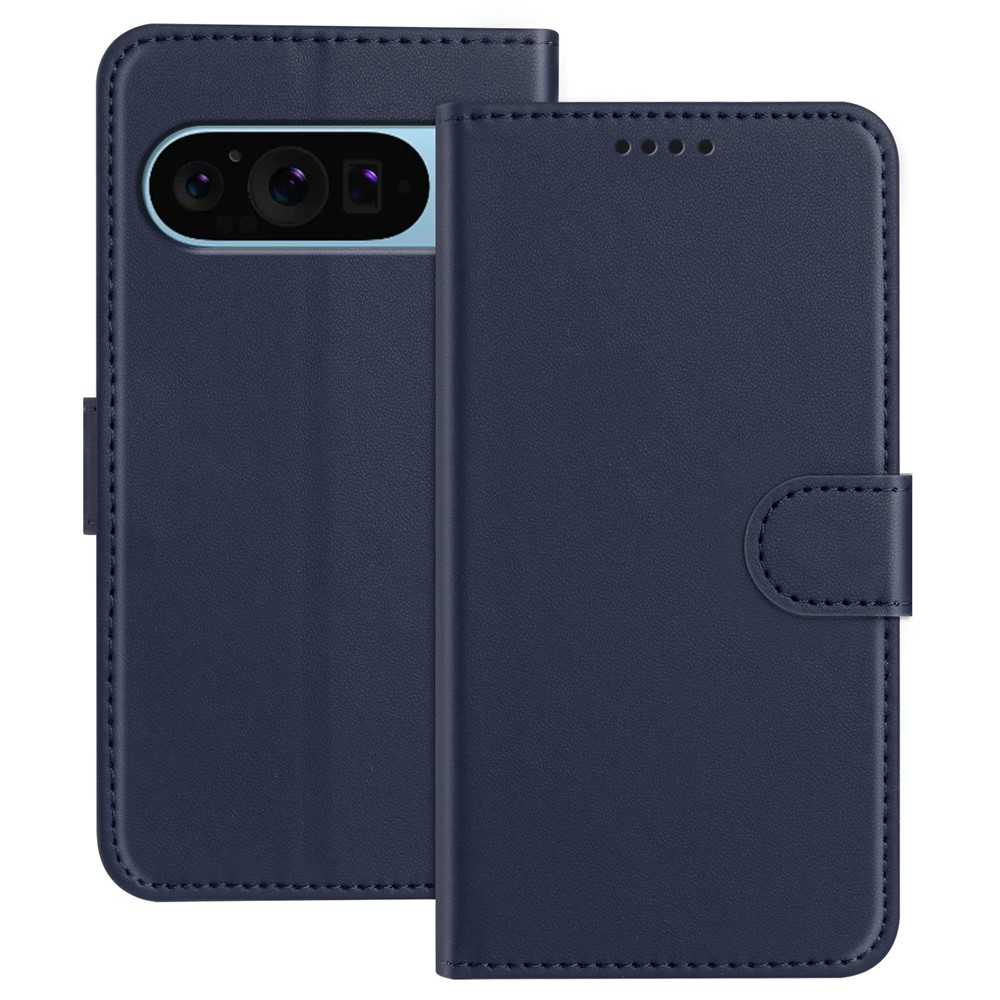 For Google Pixel 9 Leather Case Wallet Stand Solid Color Anti Drop Phone Cover - Blue