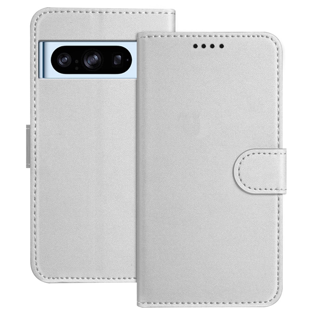 For Google Pixel 8 Pro Leather Case Wallet Stand Solid Color Anti Drop Phone Cover - Silver