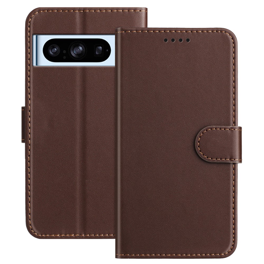 For Google Pixel 8 Pro Leather Case Wallet Stand Solid Color Anti Drop Phone Cover - Brown