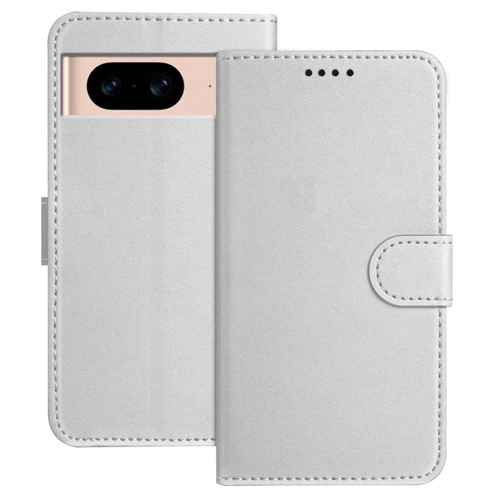 For Google Pixel 8a Leather Case Wallet Stand Solid Color Anti Drop Phone Cover - Silver