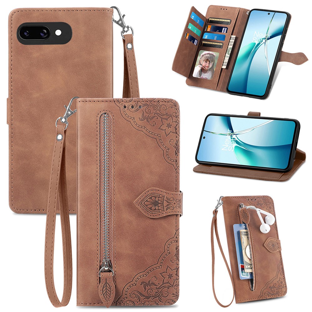 For Google Pixel 9a Zipper Wallet Case with Strap Flower Imprint PU Leather Phone Cover - Brown